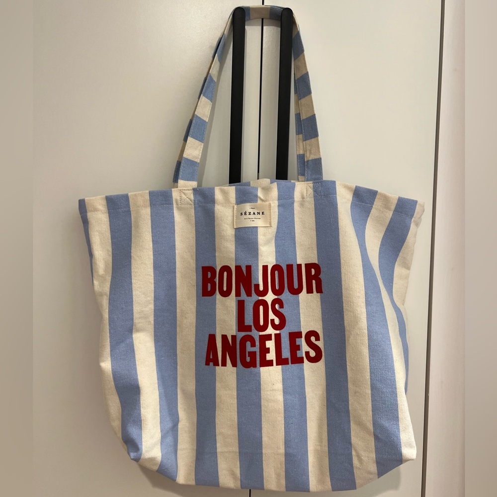 Sézane Blue and Cream Striped 'Bonjour Los Angeles' Tote